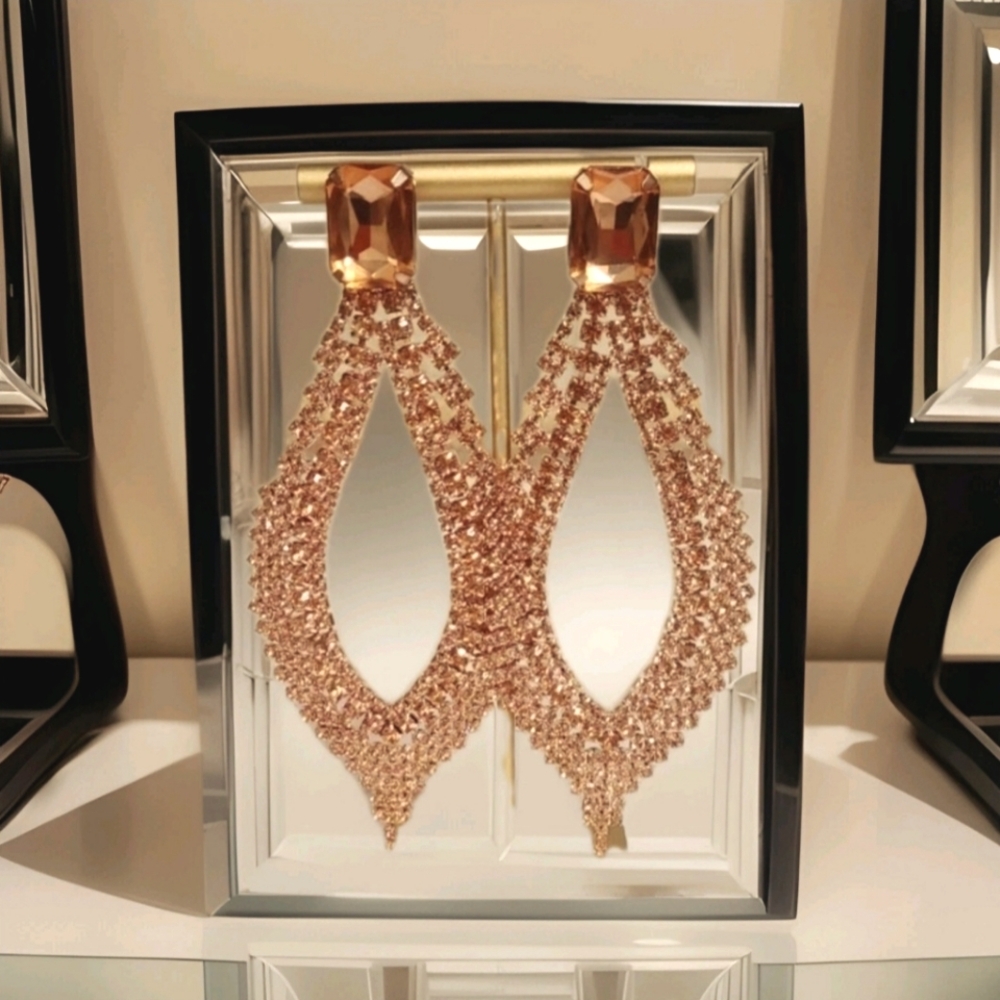 NWT Exaggerated Blush Pink Crystal Emerald Cut Gold Drop Earrings